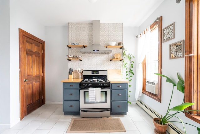 175 Liberty St, Newburgh, NY 12550 - kitchen featuring gas stove, island range hood, open shelves, a baseboard heating unit, and light countertops