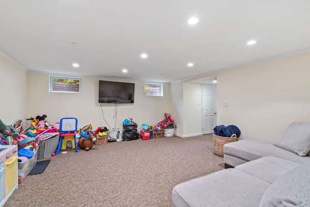74 Buckingham Rd, West Hempstead, NY 11552 - game room featuring ornamental molding, recessed lighting, and carpet