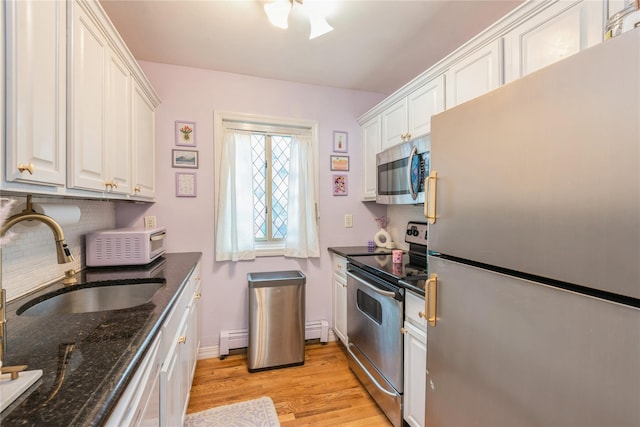 2453 Union Blvd Unit 11A, Islip, NY 11751 - kitchen featuring stainless steel appliances, a sink, decorative backsplash, white cabinetry, and light wood-style flooring
