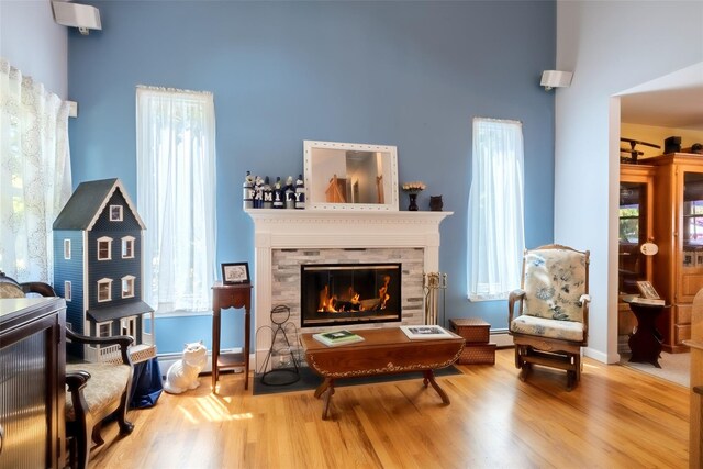 4 Pak Ct, East Setauket, NY 11733 - living area featuring a high ceiling, a glass covered fireplace, wood finished floors, and a baseboard heating unit