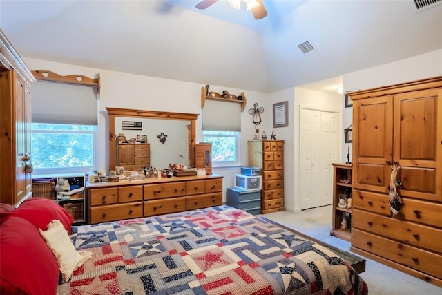 4 Pak Ct, East Setauket, NY 11733 - bedroom with light carpet, vaulted ceiling, and ceiling fan