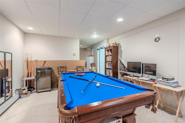 4 Pak Ct, East Setauket, NY 11733 - rec room with carpet floors, a baseboard radiator, billiards table, and recessed lighting