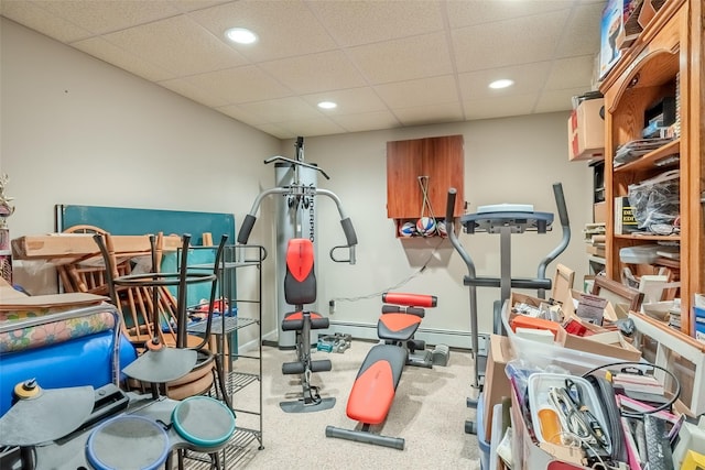 4 Pak Ct, East Setauket, NY 11733 - exercise room featuring carpet floors, recessed lighting, a paneled ceiling, a baseboard radiator, and baseboards