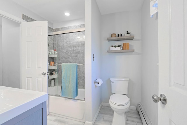 8 Country Ln, Warwick, NY 10990 - full bath featuring baseboard heating, combined bath / shower with glass door, toilet, vanity, and baseboards