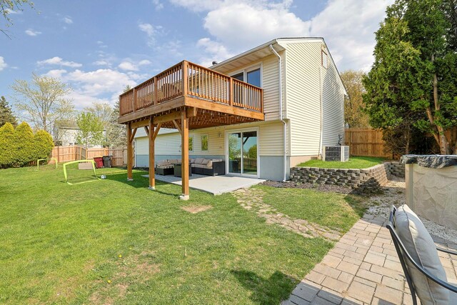 8 Country Ln, Warwick, NY 10990 - back of property with a wooden deck, an outdoor living space, and a patio