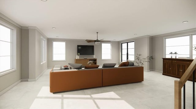 2 Henry St, Great Neck, NY 11023 - living area featuring crown molding, ceiling fan, baseboards, light tile patterned floors, and recessed lighting
