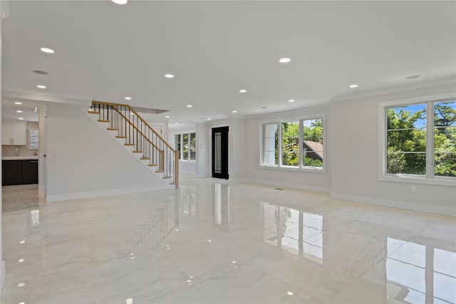 2 Henry St, Great Neck, NY 11023 - unfurnished living room featuring baseboards, stairs, light marble finish flooring, recessed lighting, and crown molding