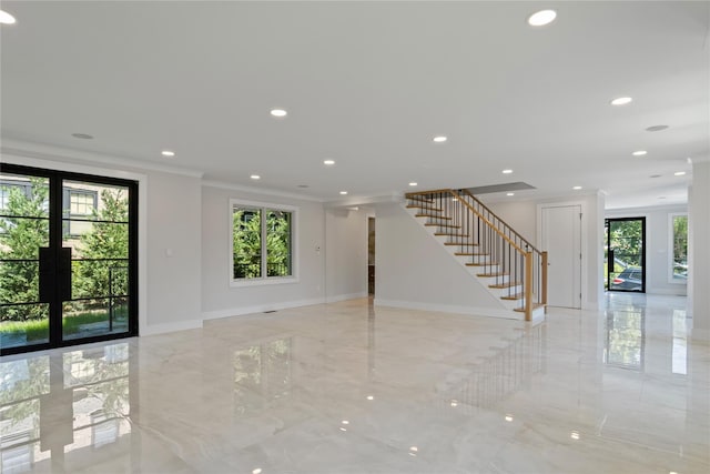 2 Henry St, Great Neck, NY 11023 - unfurnished living room featuring stairway, french doors, light marble finish floors, ornamental molding, and baseboards