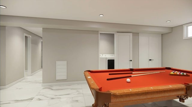 2 Henry St, Great Neck, NY 11023 - recreation room featuring billiards table, light marble finish floors, recessed lighting, and baseboards