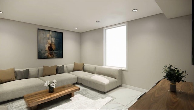 2 Henry St, Great Neck, NY 11023 - living room with marble look tiles, recessed lighting, and baseboards