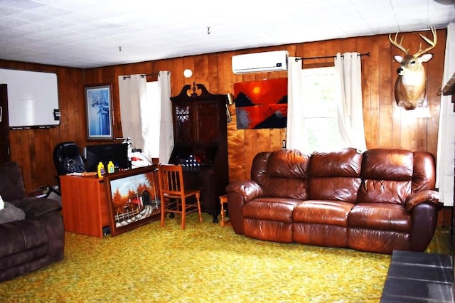 465 18th St, West Babylon, NY 11704 - carpeted living room featuring a wall mounted air conditioner and wooden walls