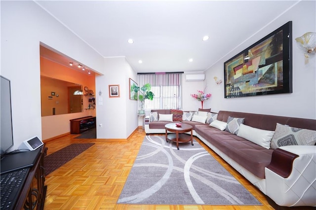 2179 E 26th St, Brooklyn, NY 11229 - living room with a wall mounted air conditioner, baseboards, recessed lighting, and crown molding