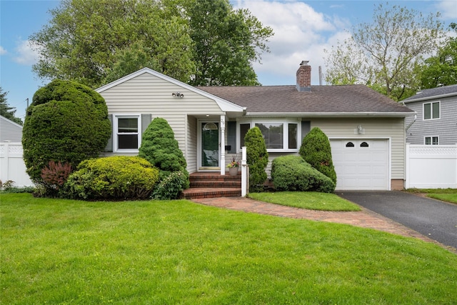 29 Newmarket Rd, Syosset, NY 11791 - view of front of home with a chimney, a garage, asphalt driveway, and roof with shingles
