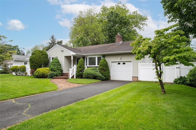 29 Newmarket Rd, Syosset, NY 11791 - view of front facade with an attached garage, a chimney, asphalt driveway, and roof with shingles
