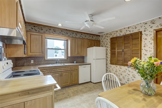29 Newmarket Rd, Syosset, NY 11791 - kitchen featuring white appliances, under cabinet range hood, wallpapered walls, a sink, and ceiling fan