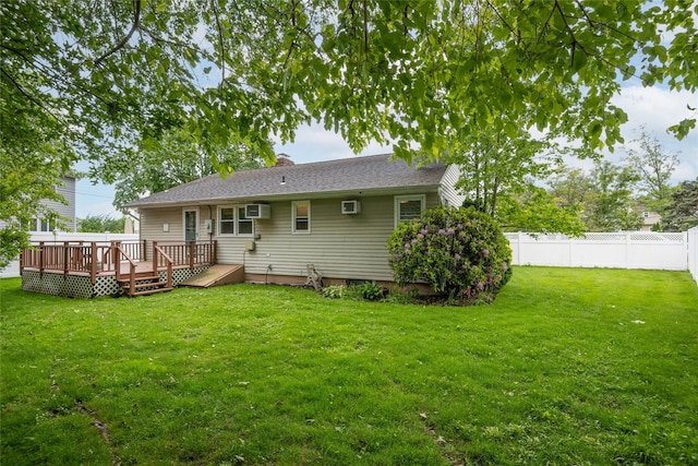 29 Newmarket Rd, Syosset, NY 11791 - rear view of property featuring a deck, a chimney, and an AC wall unit