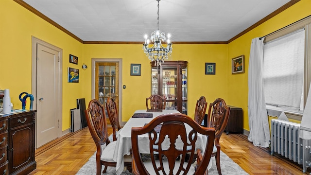 82-60 166th St, Jamaica, NY 11432 - dining space featuring radiator, a chandelier, crown molding, and baseboards