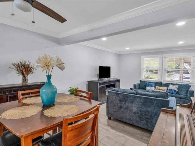38 Nadine Ln, Port Jefferson Station, NY 11776 - dining space featuring wood tiled floors, crown molding, recessed lighting, and ceiling fan