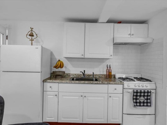 38 Nadine Ln, Port Jefferson Station, NY 11776 - kitchen with a sink, white appliances, under cabinet range hood, and white cabinetry