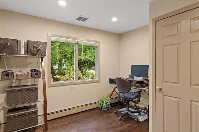 25 Cliff Rd W, Wading River, NY 11792 - office area featuring dark wood-type flooring, recessed lighting, and a baseboard heating unit
