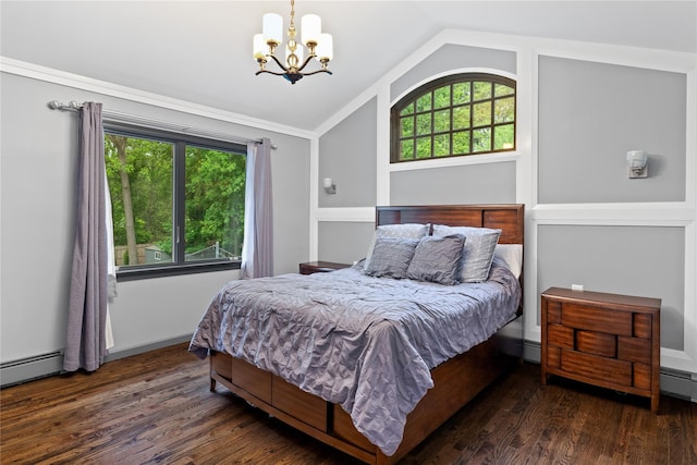 25 Cliff Rd W, Wading River, NY 11792 - bedroom featuring vaulted ceiling, a chandelier, multiple windows, wood finished floors, and baseboard heating