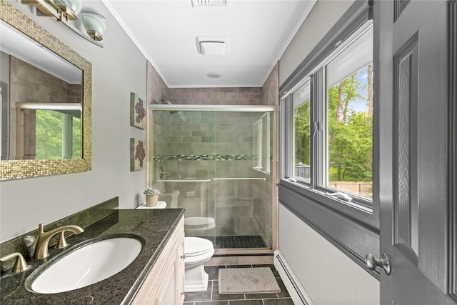 25 Cliff Rd W, Wading River, NY 11792 - bathroom featuring a baseboard radiator, toilet, a stall shower, vanity, and ornamental molding