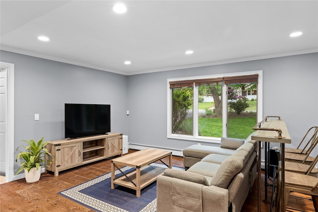 25 Cliff Rd W, Wading River, NY 11792 - living room with baseboard heating, crown molding, recessed lighting, wood finished floors, and baseboards