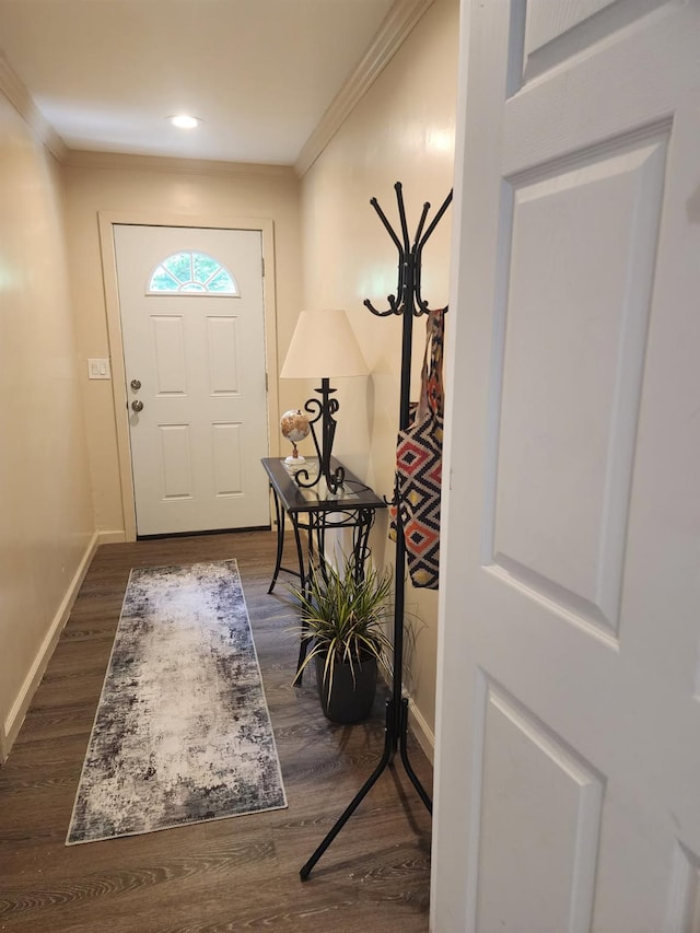 25 Cliff Rd W, Wading River, NY 11792 - foyer entrance featuring ornamental molding, baseboards, dark wood-type flooring, and recessed lighting