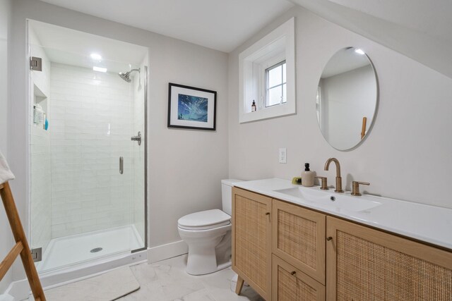 63 Liberty St, Beacon, NY 12508 - full bathroom featuring vanity, a shower stall, toilet, and marble look tile flooring