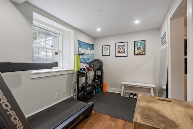 63 Liberty St, Beacon, NY 12508 - exercise area with recessed lighting, wood finished floors, and baseboards
