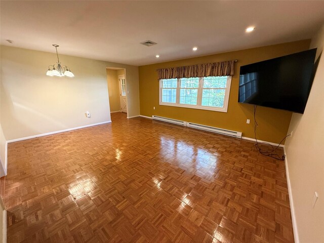 286 Berwick Ct Unit A, Ridge, NY 11961 - unfurnished living room with a baseboard heating unit, baseboards, a chandelier, and recessed lighting
