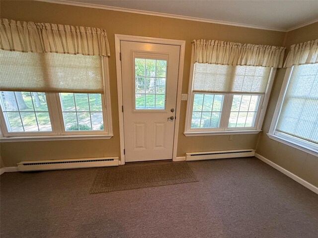 286 Berwick Ct Unit A, Ridge, NY 11961 - doorway featuring a baseboard radiator, ornamental molding, healthy amount of natural light, and dark colored carpet