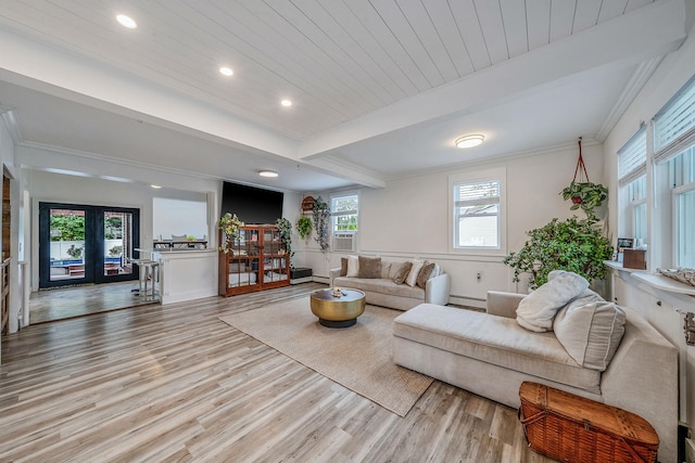 29 Montauk St, Selden, NY 11784 - living area with a baseboard heating unit, light wood-style flooring, recessed lighting, crown molding, and cooling unit