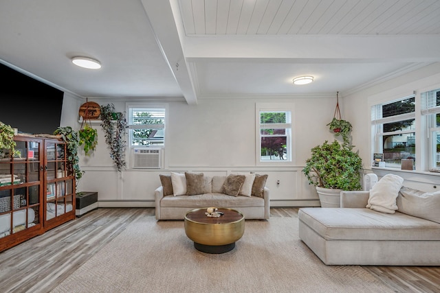 29 Montauk St, Selden, NY 11784 - living room with beam ceiling, baseboard heating, wood finished floors, and ornamental molding