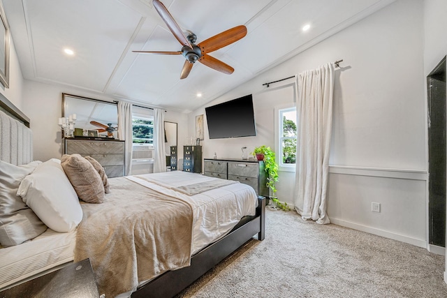 29 Montauk St, Selden, NY 11784 - carpeted bedroom featuring vaulted ceiling, baseboards, recessed lighting, and ceiling fan