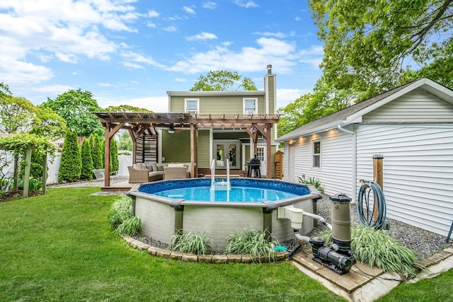 29 Montauk St, Selden, NY 11784 - rear view of property featuring a pergola, outdoor lounge area, a lawn, an outdoor pool, and french doors