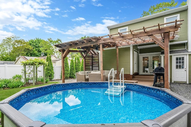 29 Montauk St, Selden, NY 11784 - outdoor pool featuring a pergola, french doors, an outdoor living space, area for grilling, and a deck