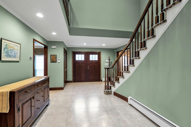 8 Victor Ln, Woodbury, NY 11797 - entryway featuring a baseboard radiator, crown molding, baseboards, recessed lighting, and stairs