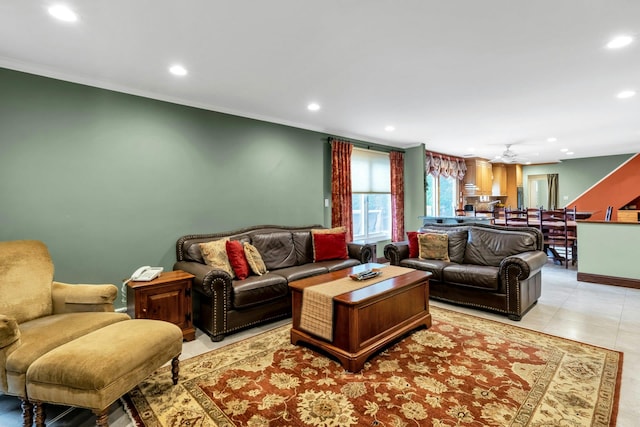 8 Victor Ln, Woodbury, NY 11797 - living area with recessed lighting, crown molding, a ceiling fan, and light tile patterned floors