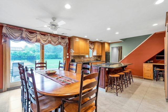 8 Victor Ln, Woodbury, NY 11797 - dining room with a ceiling fan, recessed lighting, and light tile patterned floors
