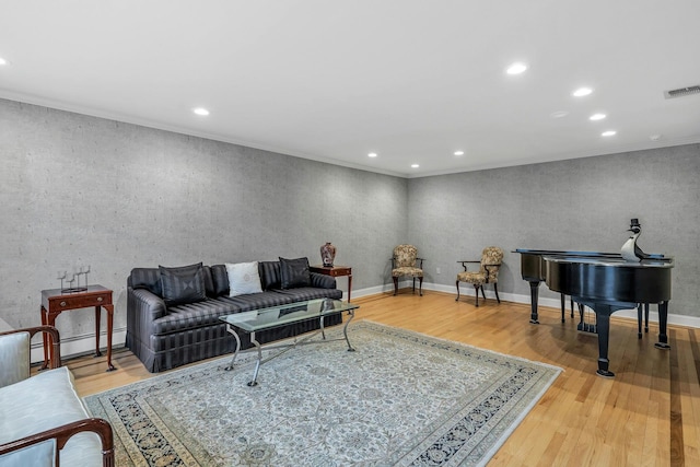 8 Victor Ln, Woodbury, NY 11797 - living area featuring crown molding, wood finished floors, recessed lighting, and baseboard heating