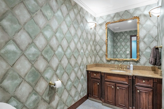 8 Victor Ln, Woodbury, NY 11797 - bathroom featuring ornamental molding and vanity