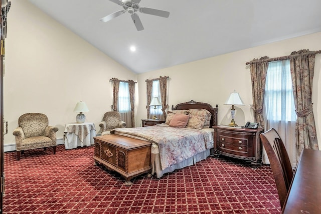 8 Victor Ln, Woodbury, NY 11797 - carpeted bedroom with lofted ceiling, a baseboard heating unit, ceiling fan, and recessed lighting