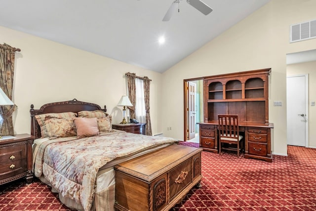 8 Victor Ln, Woodbury, NY 11797 - bedroom featuring high vaulted ceiling, dark carpet, ceiling fan, and baseboards