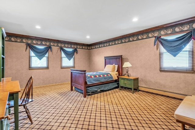8 Victor Ln, Woodbury, NY 11797 - bedroom with carpet, crown molding, and baseboard heating