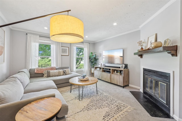 7 Washington Mews Unit 7, Port Chester, NY 10573 - living room featuring carpet flooring, crown molding, a fireplace with flush hearth, and recessed lighting