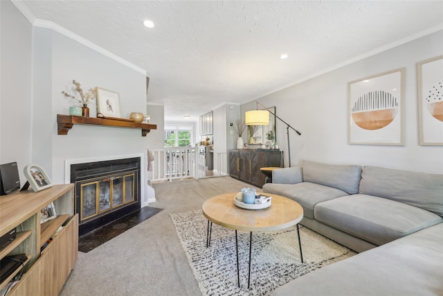7 Washington Mews Unit 7, Port Chester, NY 10573 - living area with light colored carpet, ornamental molding, a fireplace with flush hearth, and recessed lighting