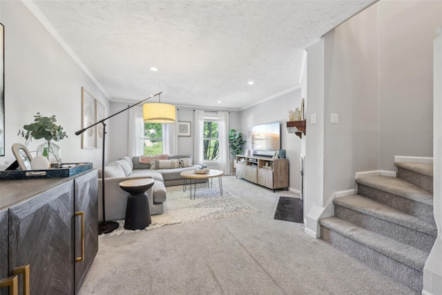 7 Washington Mews Unit 7, Port Chester, NY 10573 - living area featuring light colored carpet, stairway, crown molding, recessed lighting, and a textured ceiling