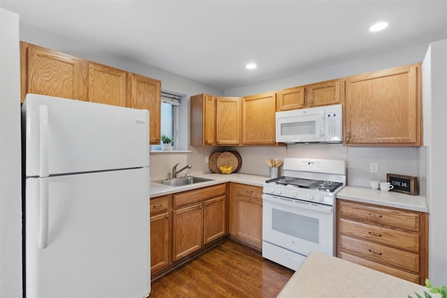 12 Scenic Dr Unit T, Croton-On-Hudson, NY 10520 - kitchen featuring white appliances, a sink, light countertops, dark wood finished floors, and recessed lighting