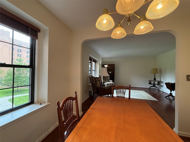 198 Garth Rd Unit 1D, Scarsdale, NY 10583 - dining space featuring arched walkways, dark wood-type flooring, and baseboards